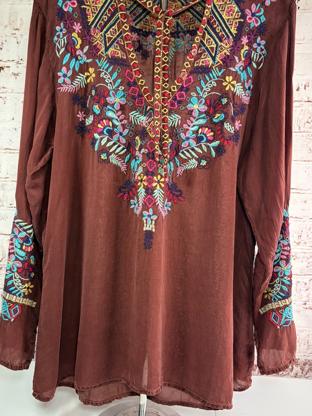 Embroidered Boho Tunic Top - Brown Multi